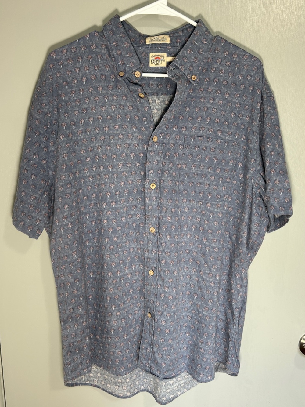 Faherty The Breeze Shirt Blue Palm Tree Mini Print Short Sleeve Linen Blend L